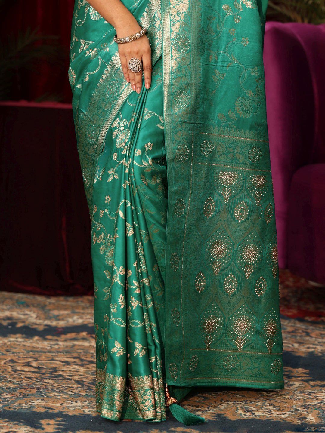  Libas Sea Green Woven Design Embellished Satin Saree 