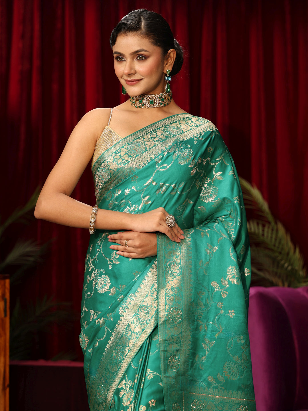  Libas Sea Green Woven Design Embellished Satin Saree 