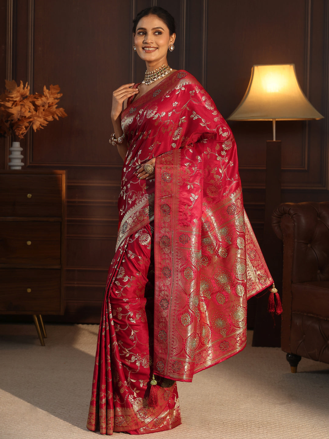  Libas Red Floral Woven Design Satin Saree with Embellished Pallu 