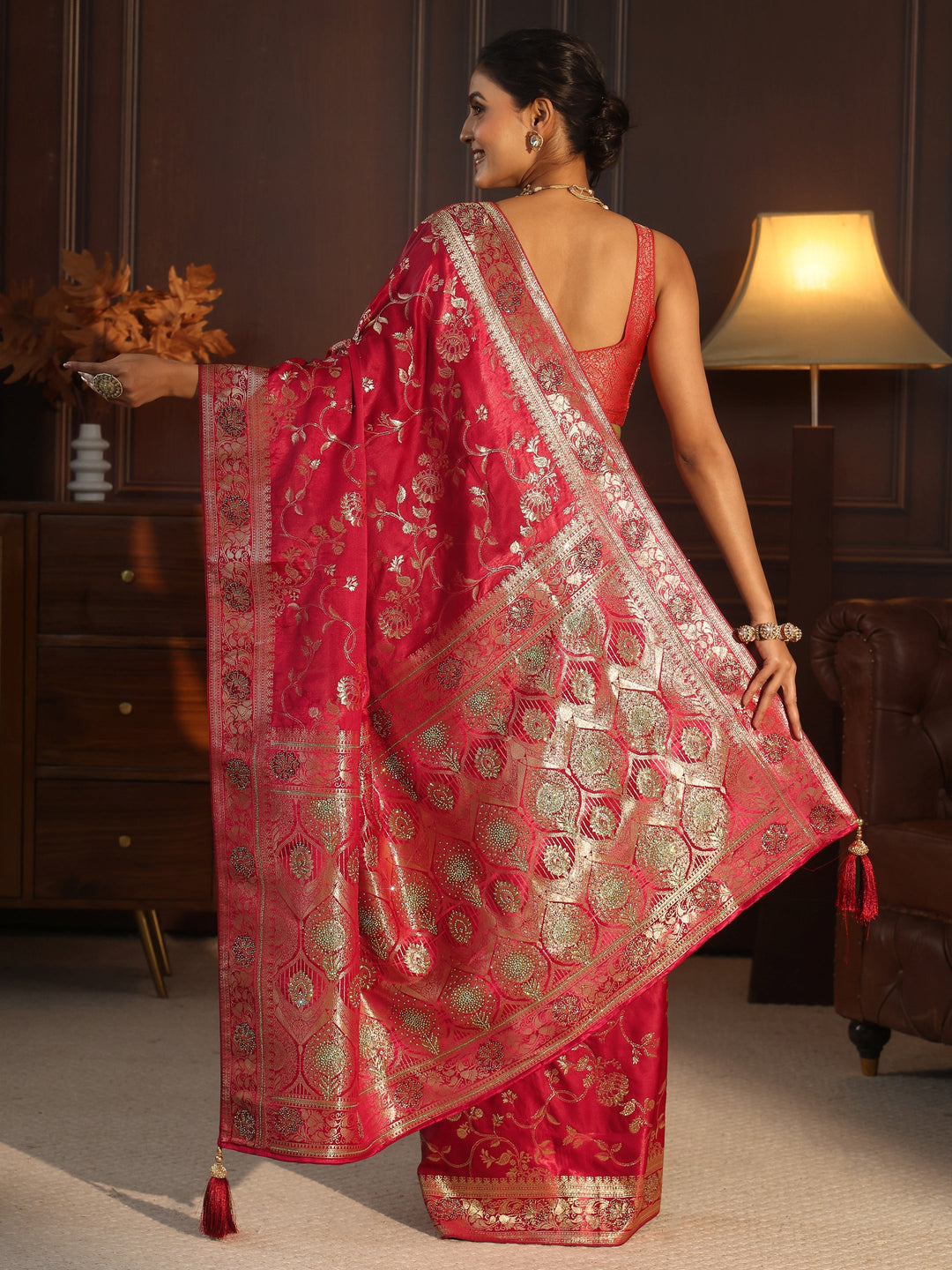  Libas Red Floral Woven Design Satin Saree with Embellished Pallu 