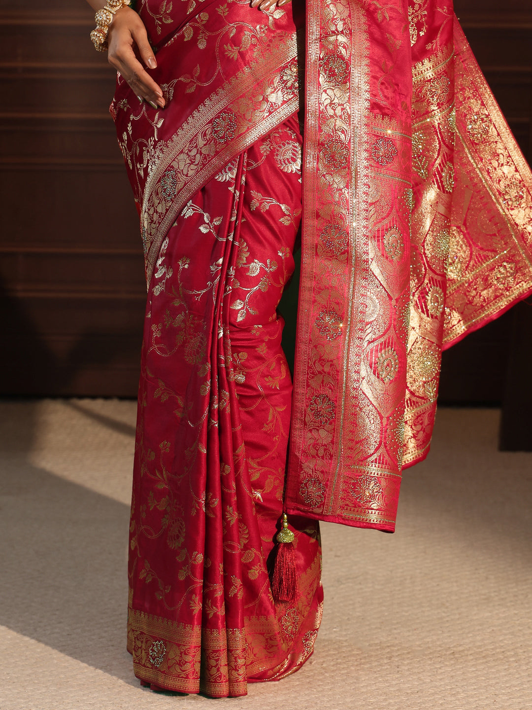 Libas Red Floral Woven Design Satin Saree with Embellished Pallu 
