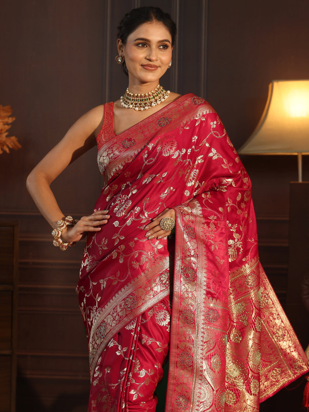  Libas Red Floral Woven Design Satin Saree with Embellished Pallu 