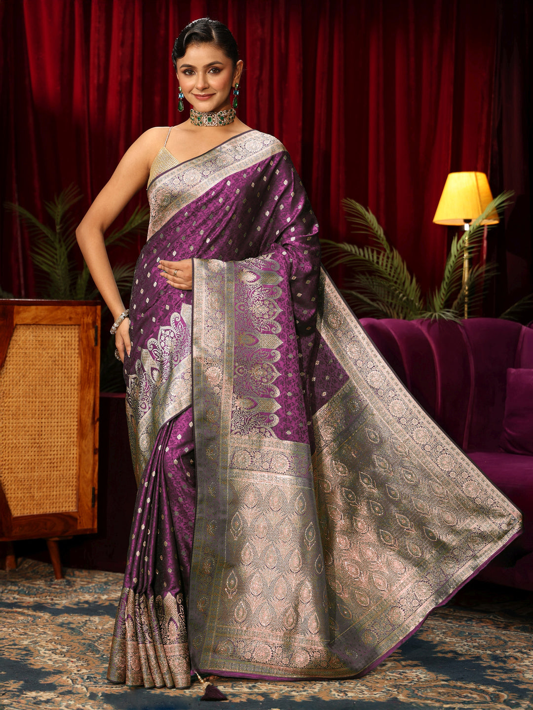  Libas Purple Embellished Satin Banarasi Saree 