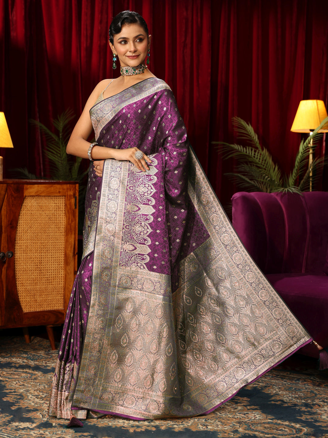  Libas Purple Embellished Satin Banarasi Saree 