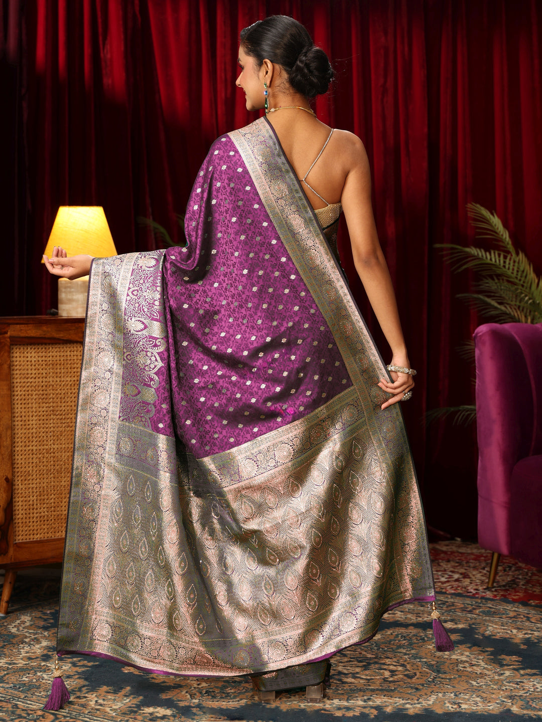  Libas Purple Embellished Satin Banarasi Saree 