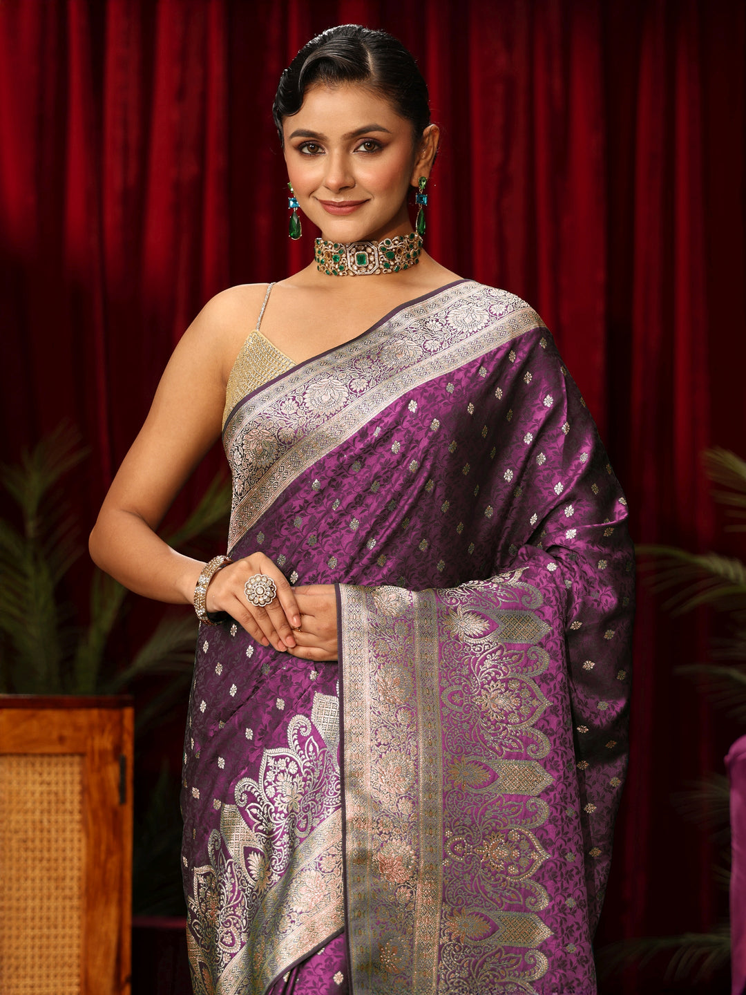  Libas Purple Embellished Satin Banarasi Saree 