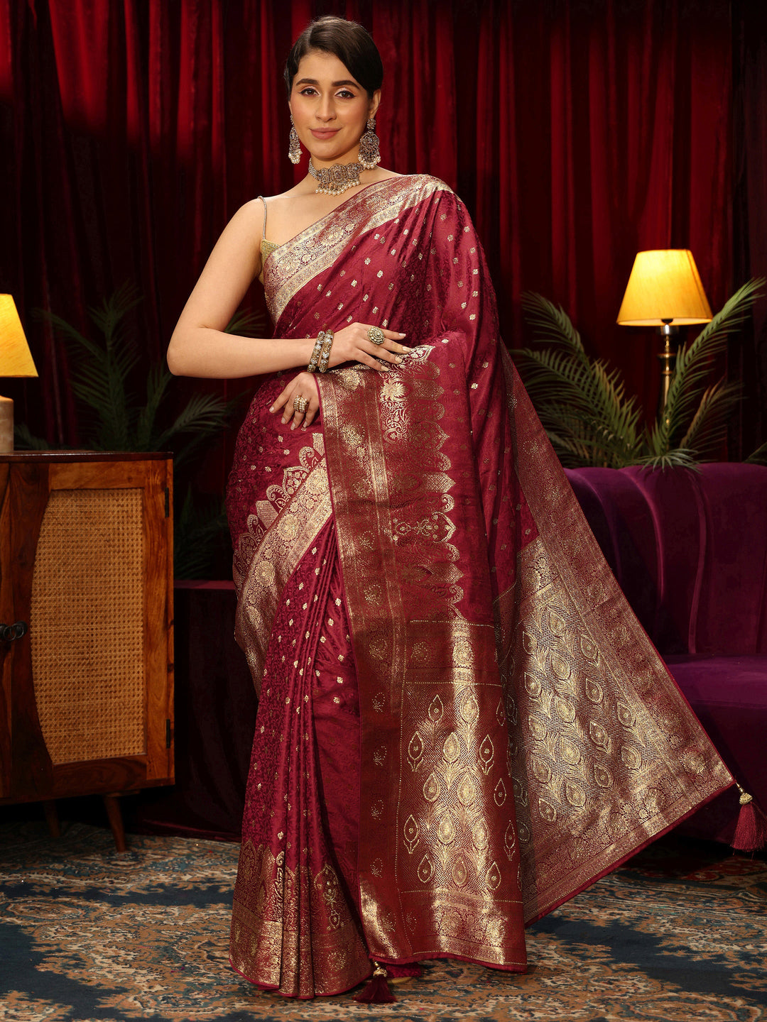 Libas Brick Red  Embellished Satin Banarasi Saree