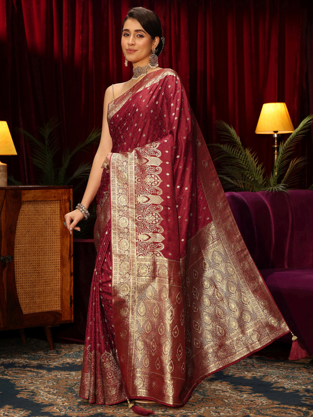  Libas Brick Red  Embellished Satin Banarasi Saree 