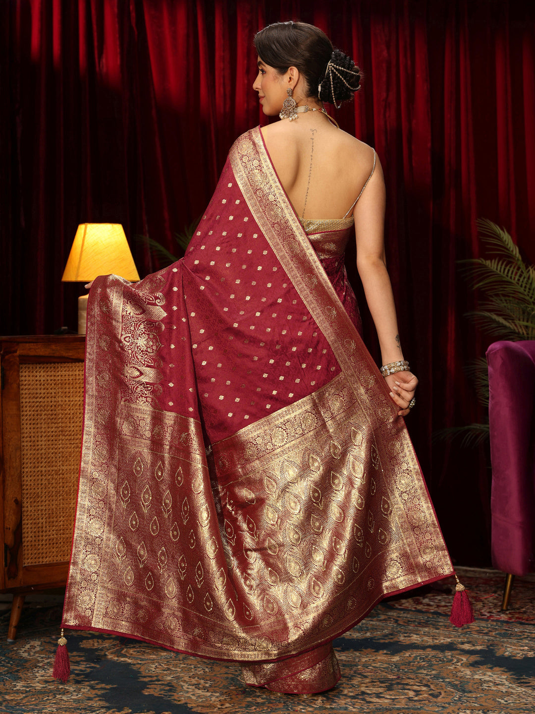  Libas Brick Red  Embellished Satin Banarasi Saree 