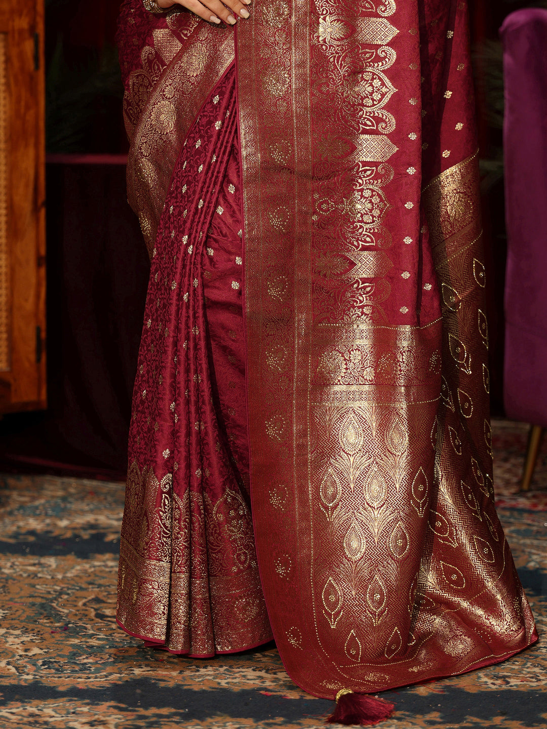  Libas Brick Red  Embellished Satin Banarasi Saree 