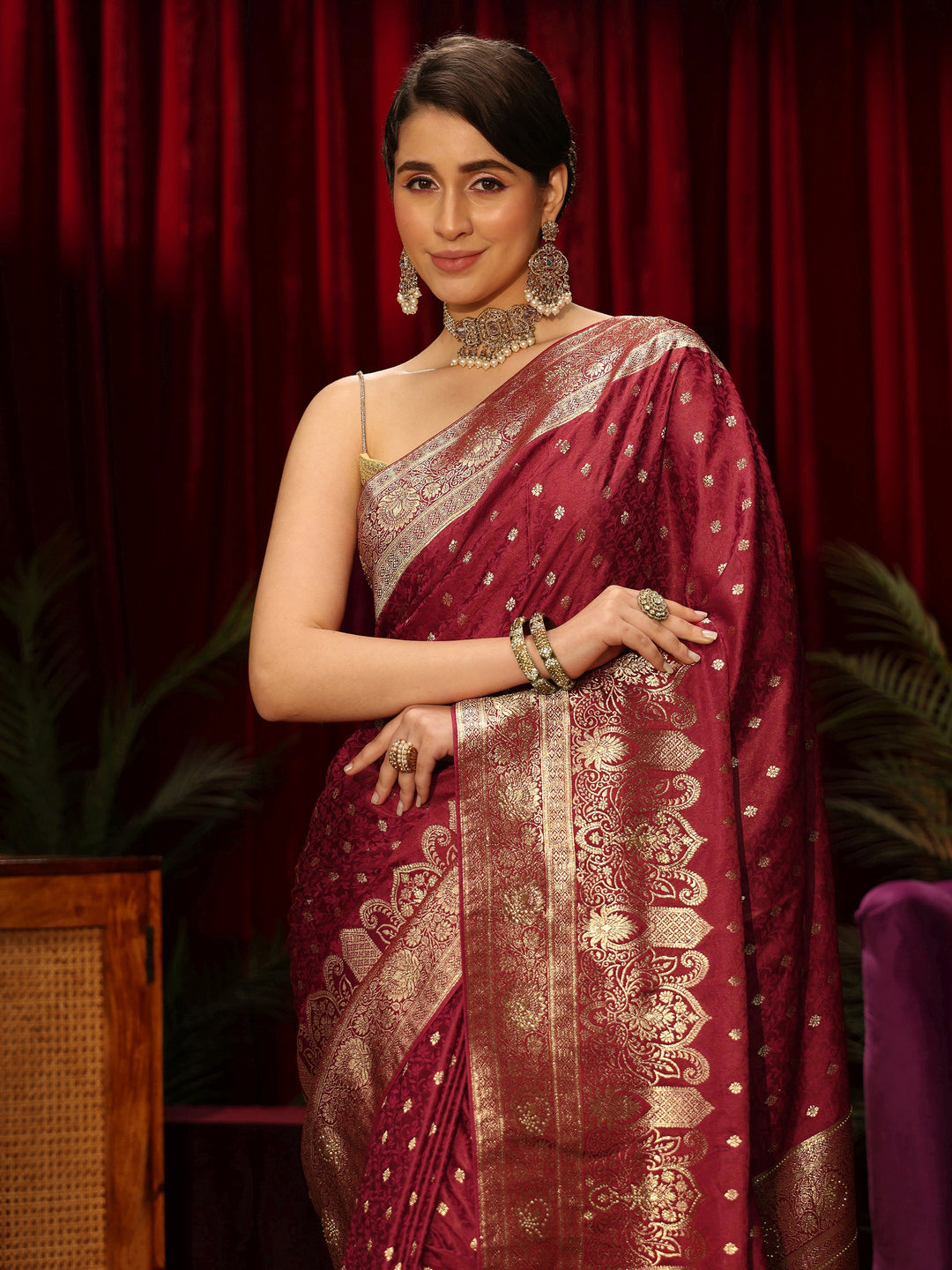  Libas Brick Red  Embellished Satin Banarasi Saree 