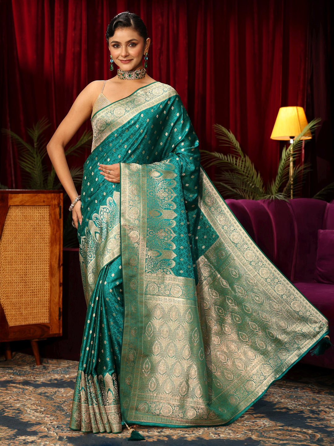  Libas Teal Green Embellished Satin Banarasi Saree 