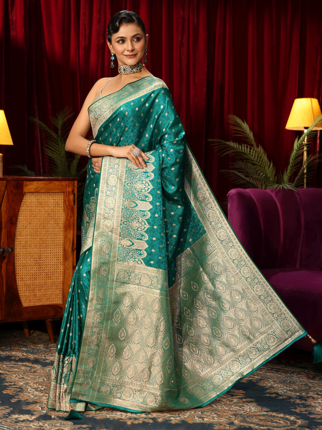  Libas Teal Green Embellished Satin Banarasi Saree 
