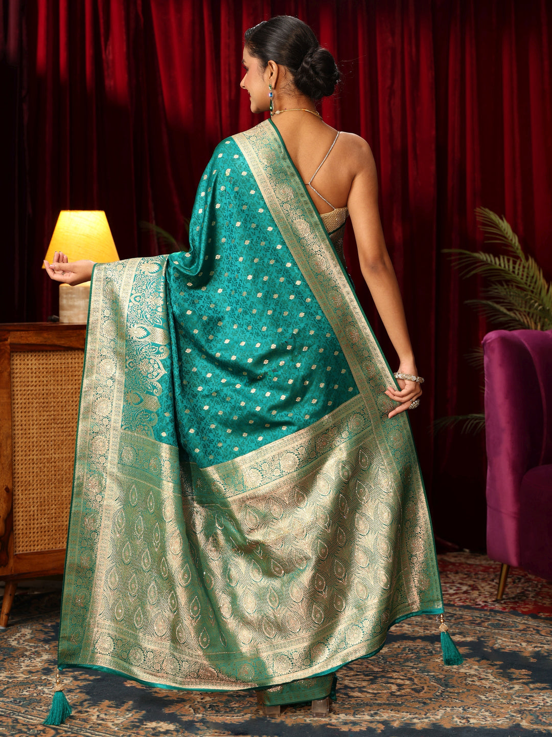  Libas Teal Green Embellished Satin Banarasi Saree 