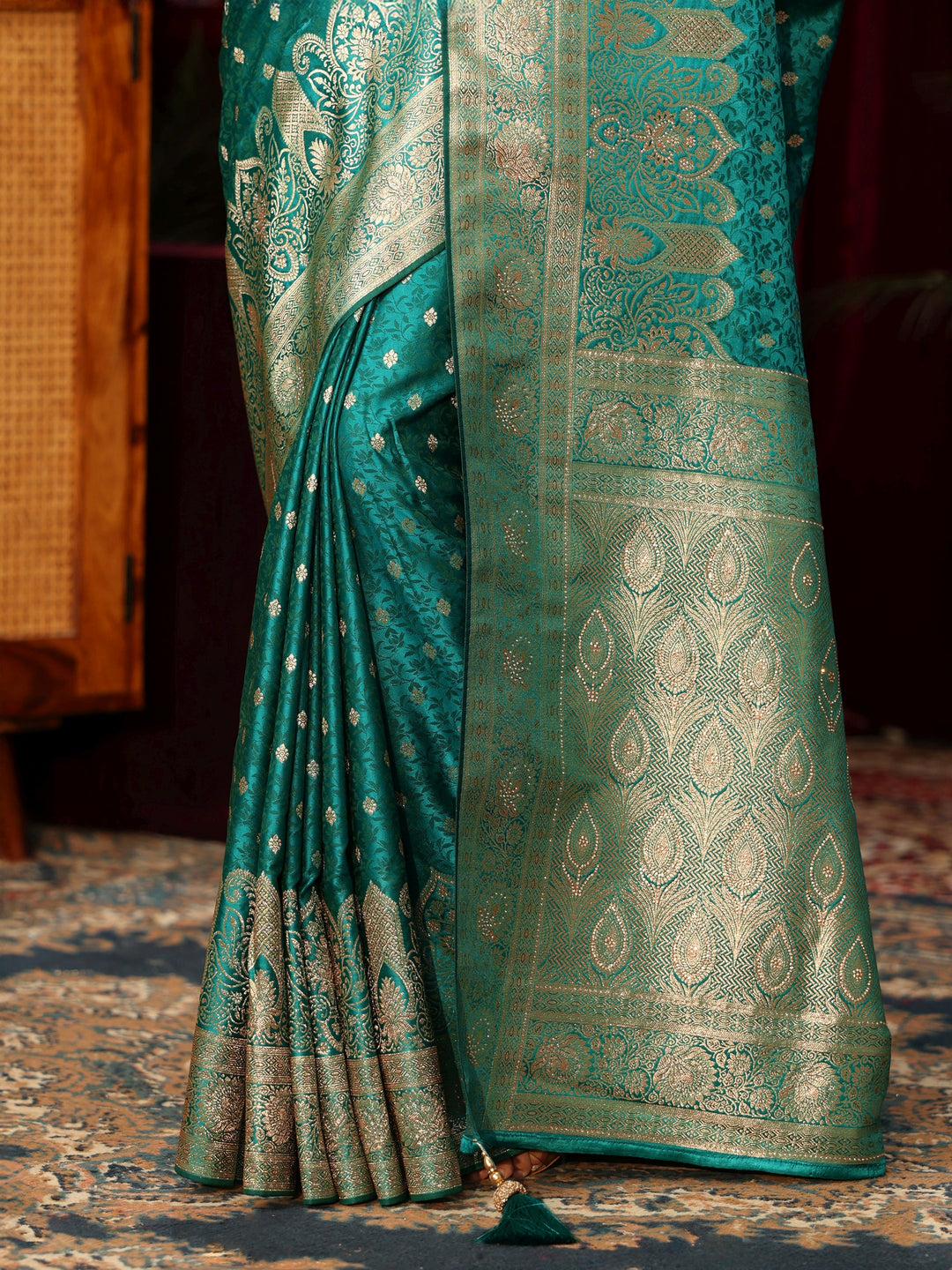  Libas Teal Green Embellished Satin Banarasi Saree 