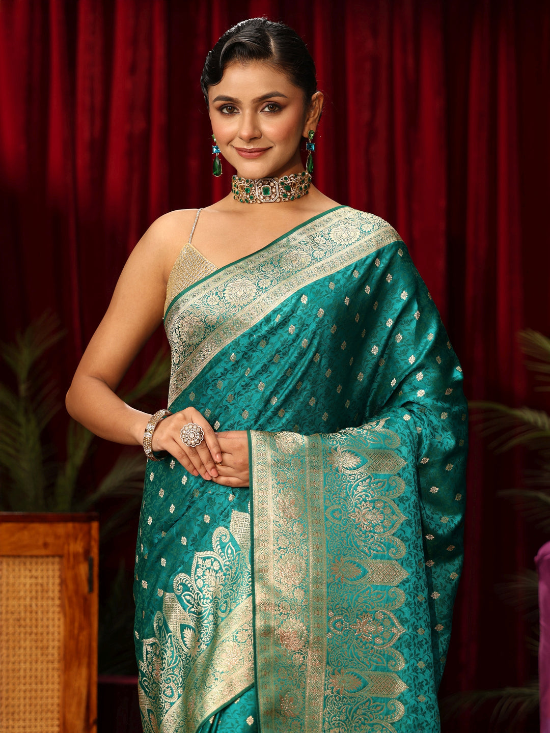  Libas Teal Green Embellished Satin Banarasi Saree 