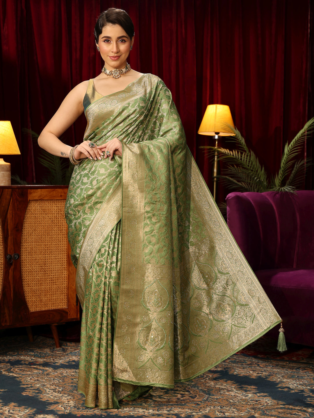 Libas Green Floral Woven Design Embellished Satin Saree 