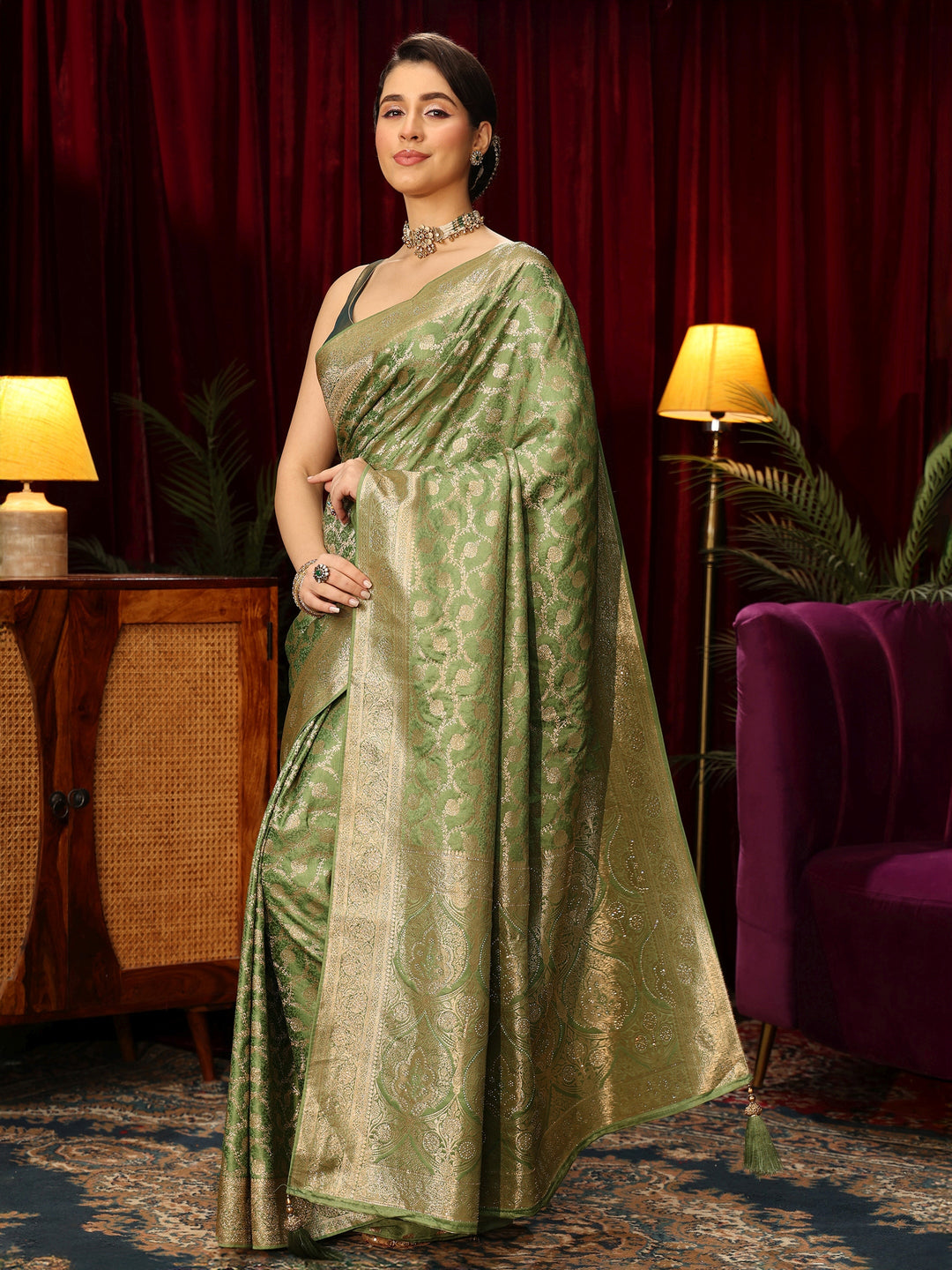 Libas Green Floral Woven Design Embellished Satin Saree 