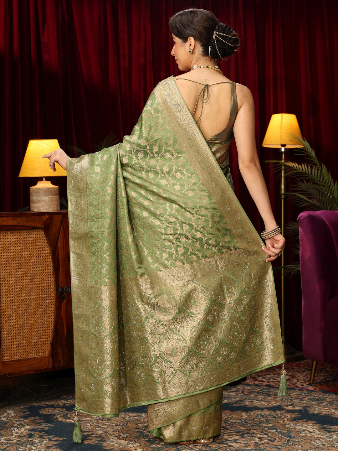 Libas Green Floral Woven Design Embellished Satin Saree 