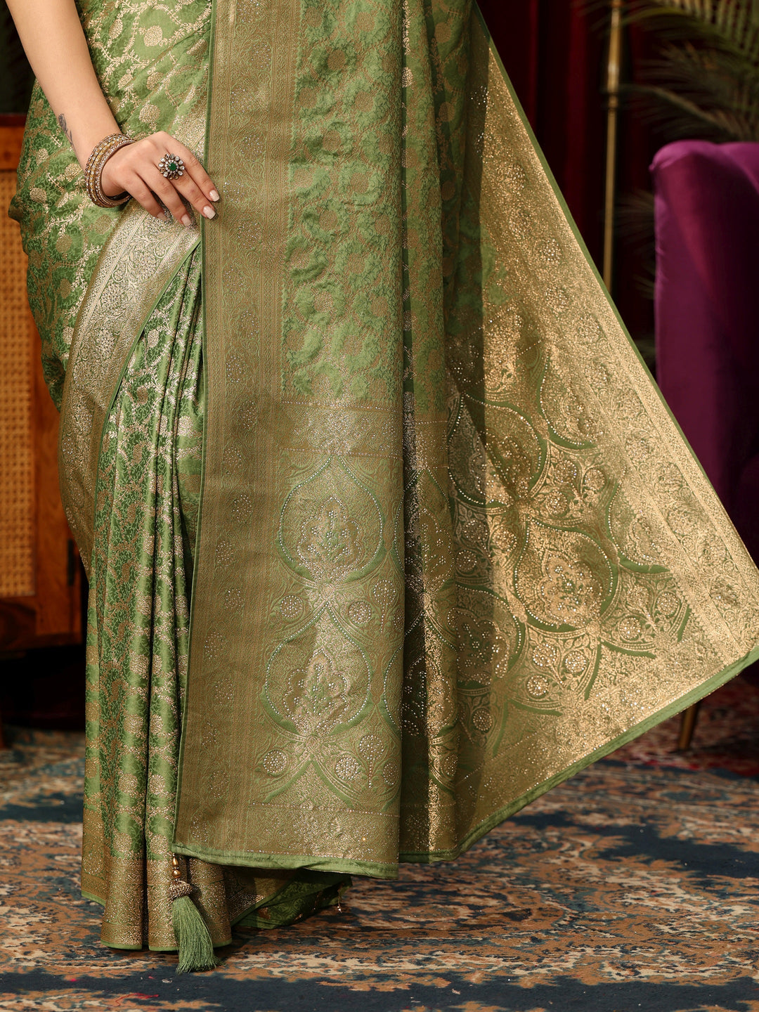  Libas Green Floral Woven Design Embellished Satin Saree 