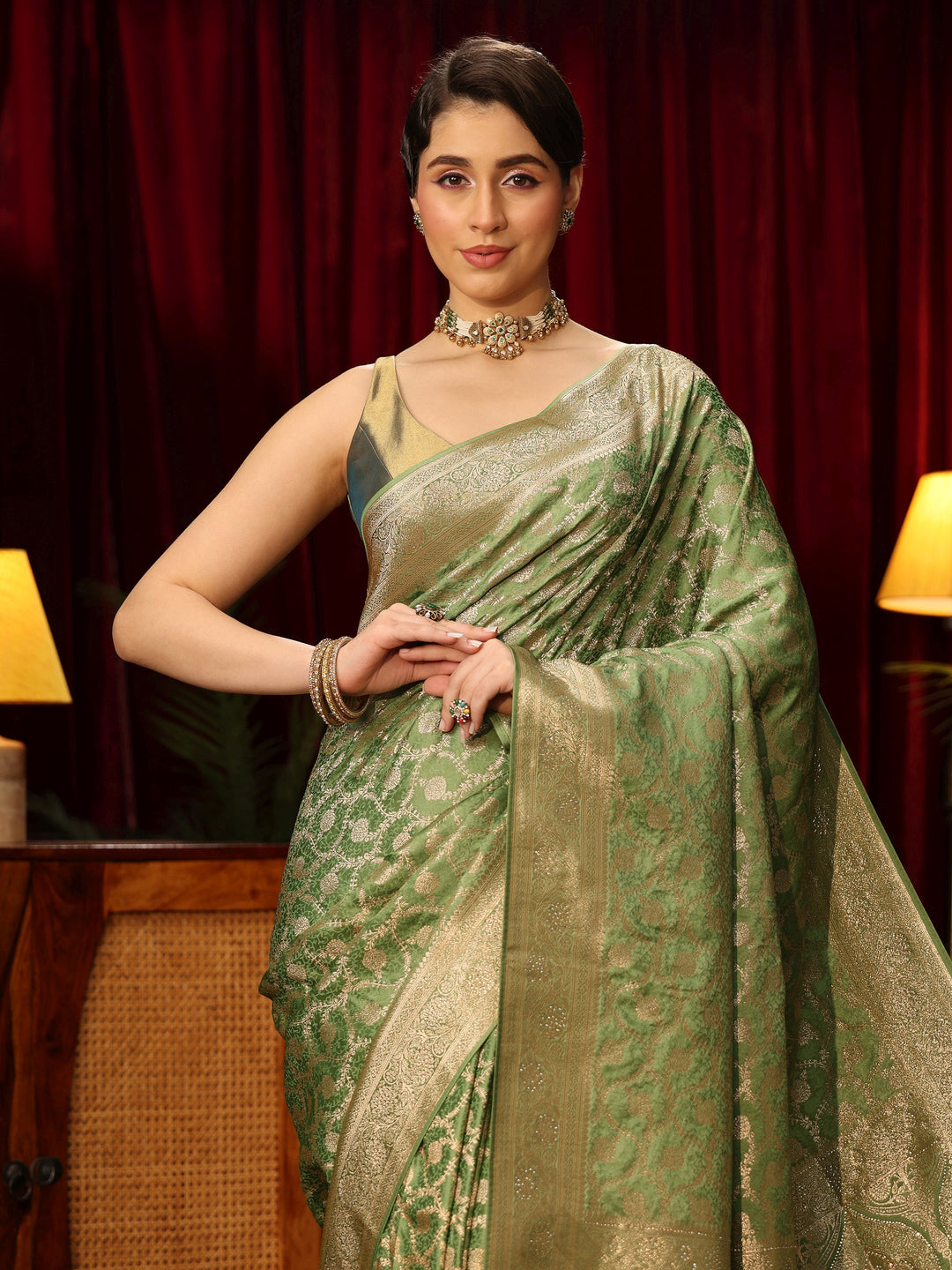  Libas Green Floral Woven Design Embellished Satin Saree 
