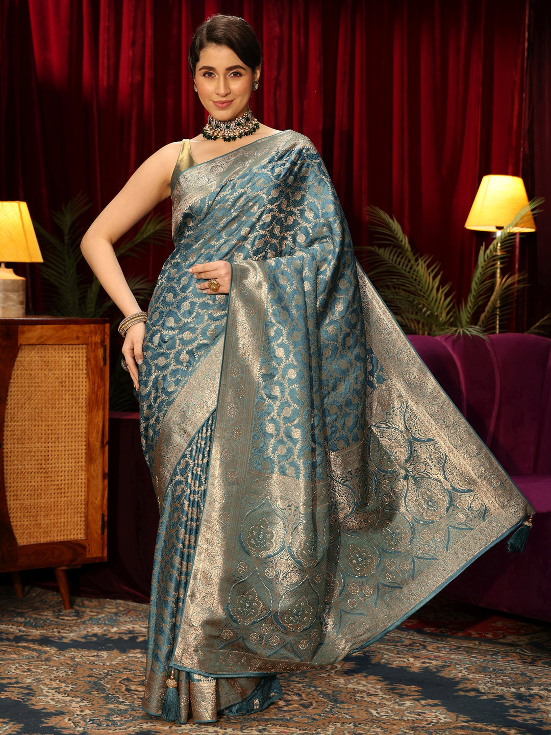  Libas Dusty Blue Floral Woven Design Embellished Satin Saree 