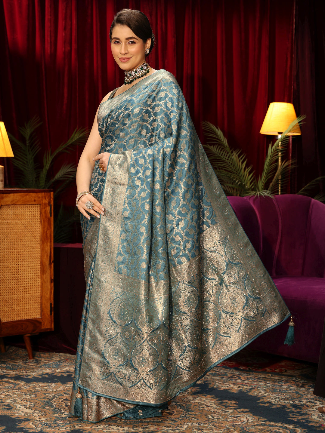  Libas Dusty Blue Floral Woven Design Embellished Satin Saree 