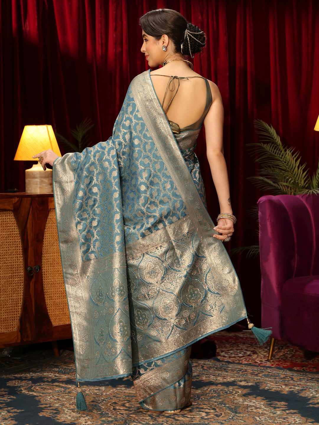  Libas Dusty Blue Floral Woven Design Embellished Satin Saree 