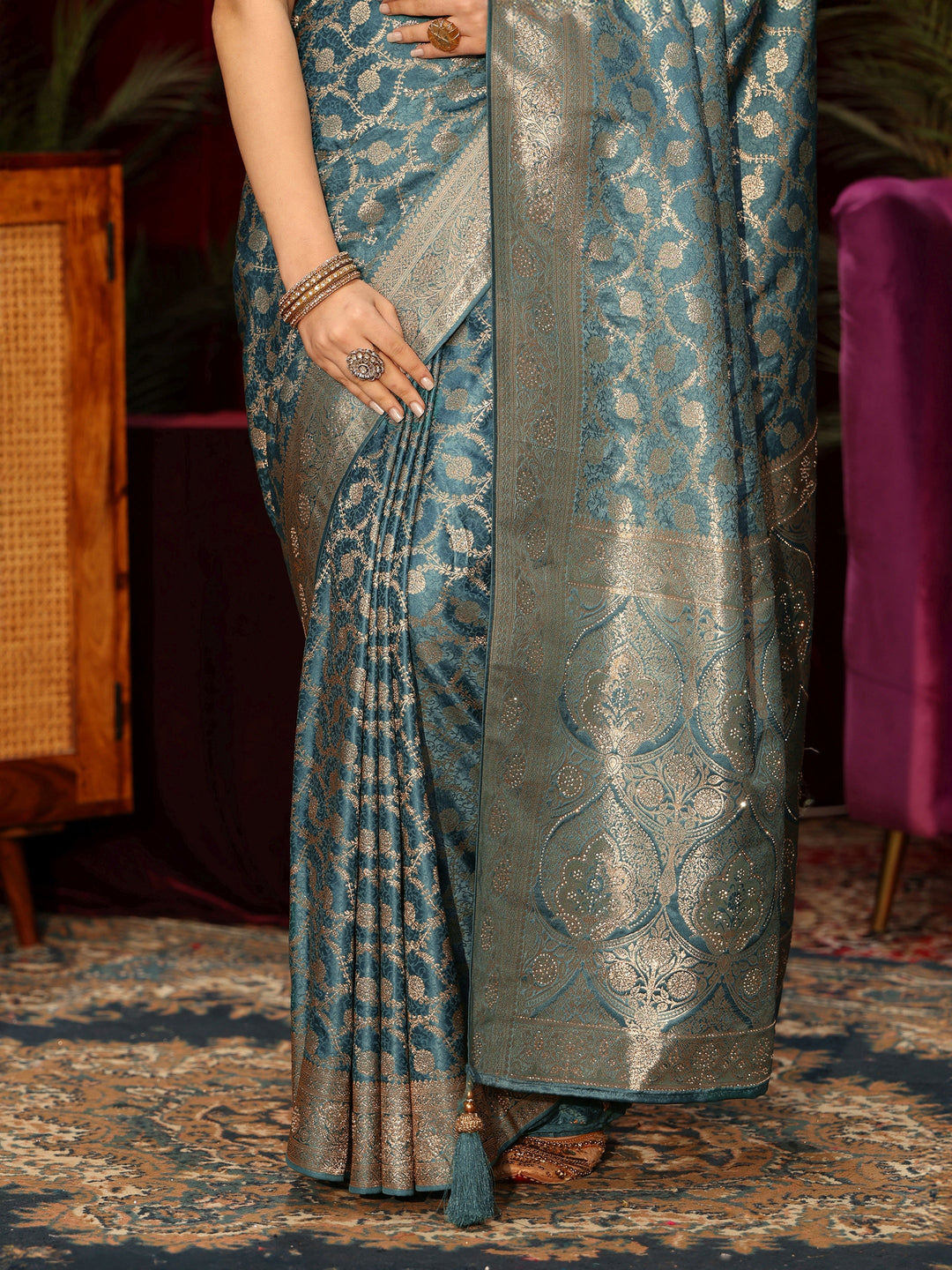  Libas Dusty Blue Floral Woven Design Embellished Satin Saree 