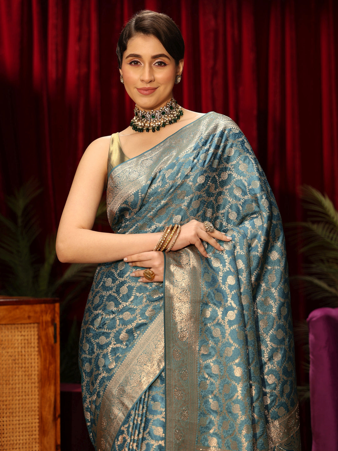  Libas Dusty Blue Floral Woven Design Embellished Satin Saree 