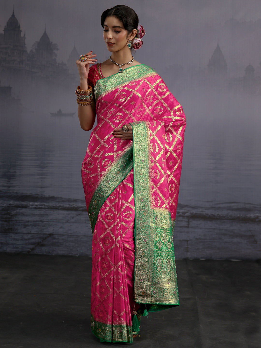  Libas Pink and Green Ethnic Woven Design Silk Blend Saree 