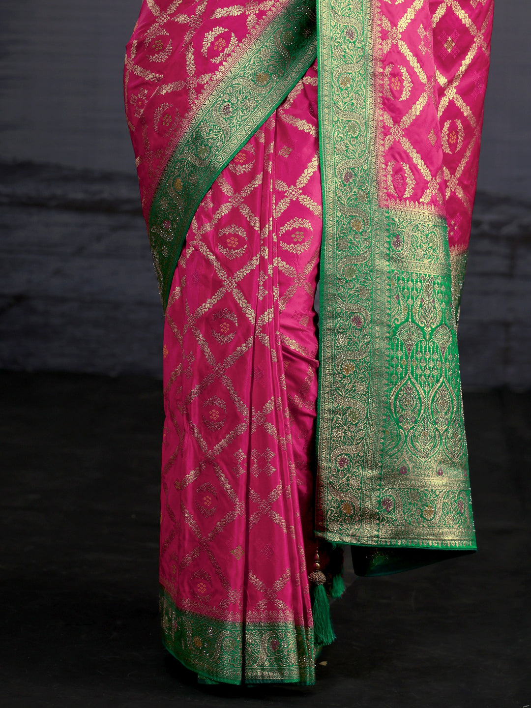  Libas Pink and Green Ethnic Woven Design Silk Blend Saree 