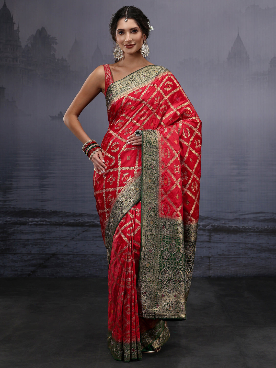 Libas Red and Green Ethnic Woven Design Silk Blend Saree 