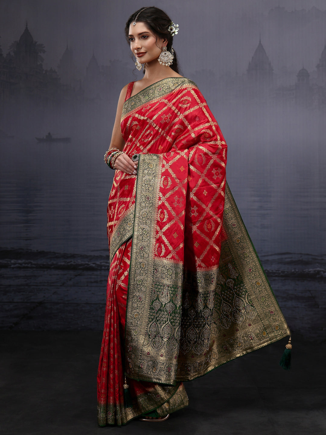  Libas Red and Green Ethnic Woven Design Silk Blend Saree 