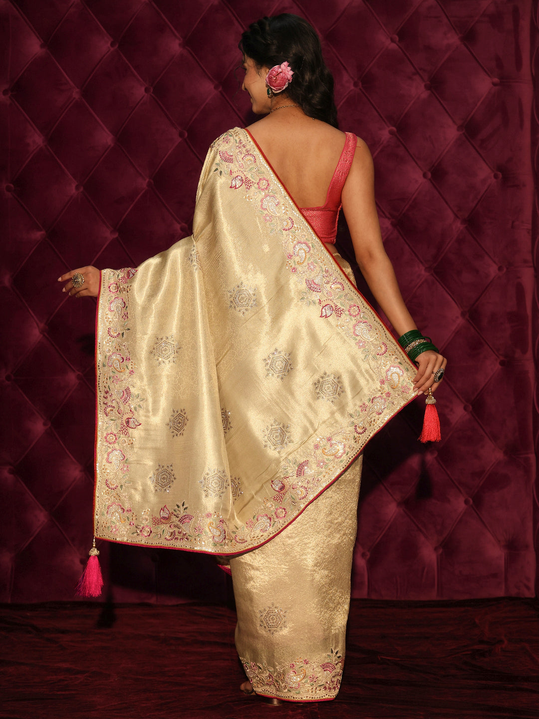  Libas Art Golden Woven Design Silk Blend Saree with Embroidered Border 