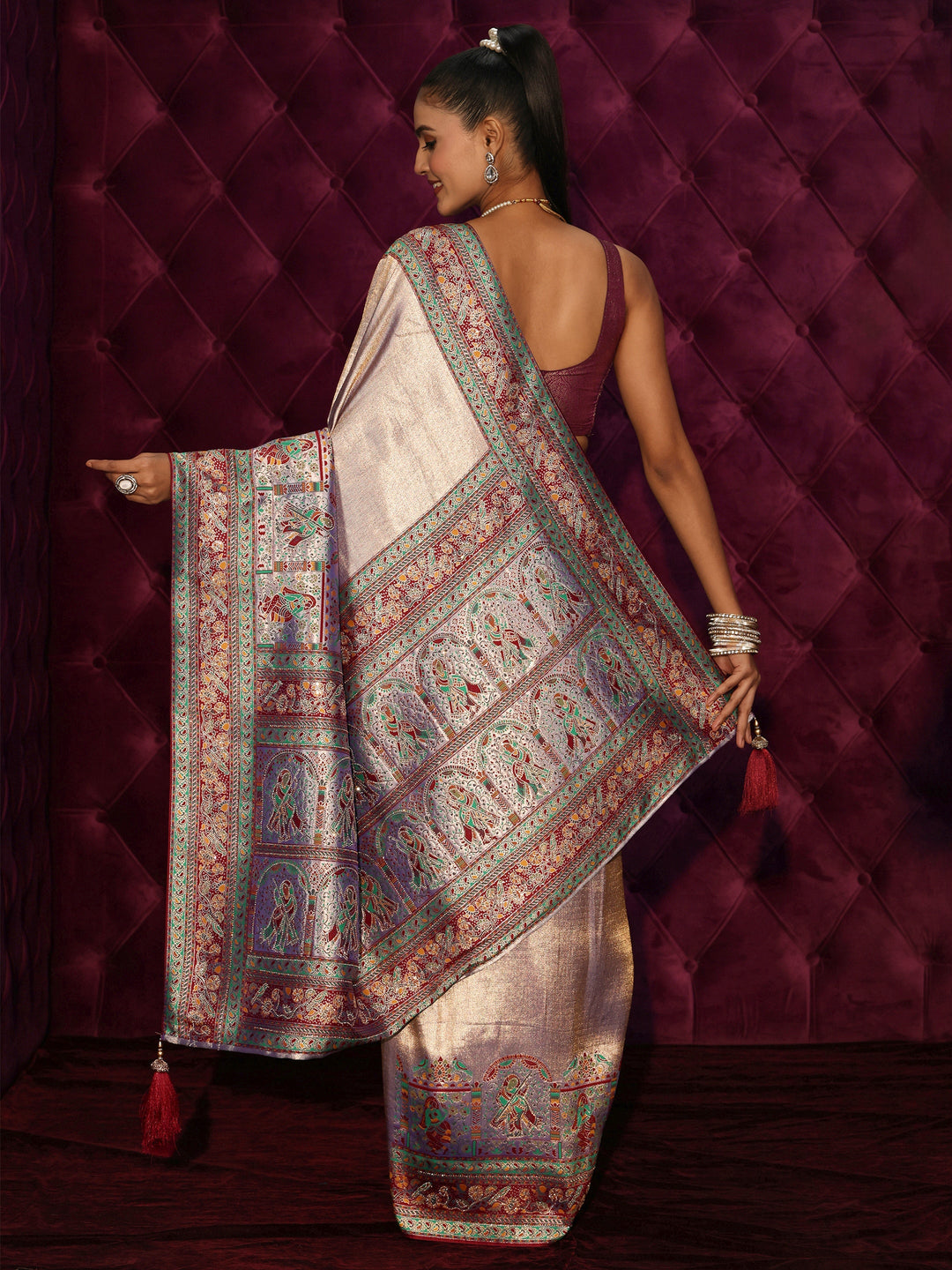  Libas Art Lavender Mughal Woven Design Silk Blend Saree with Stone Work 