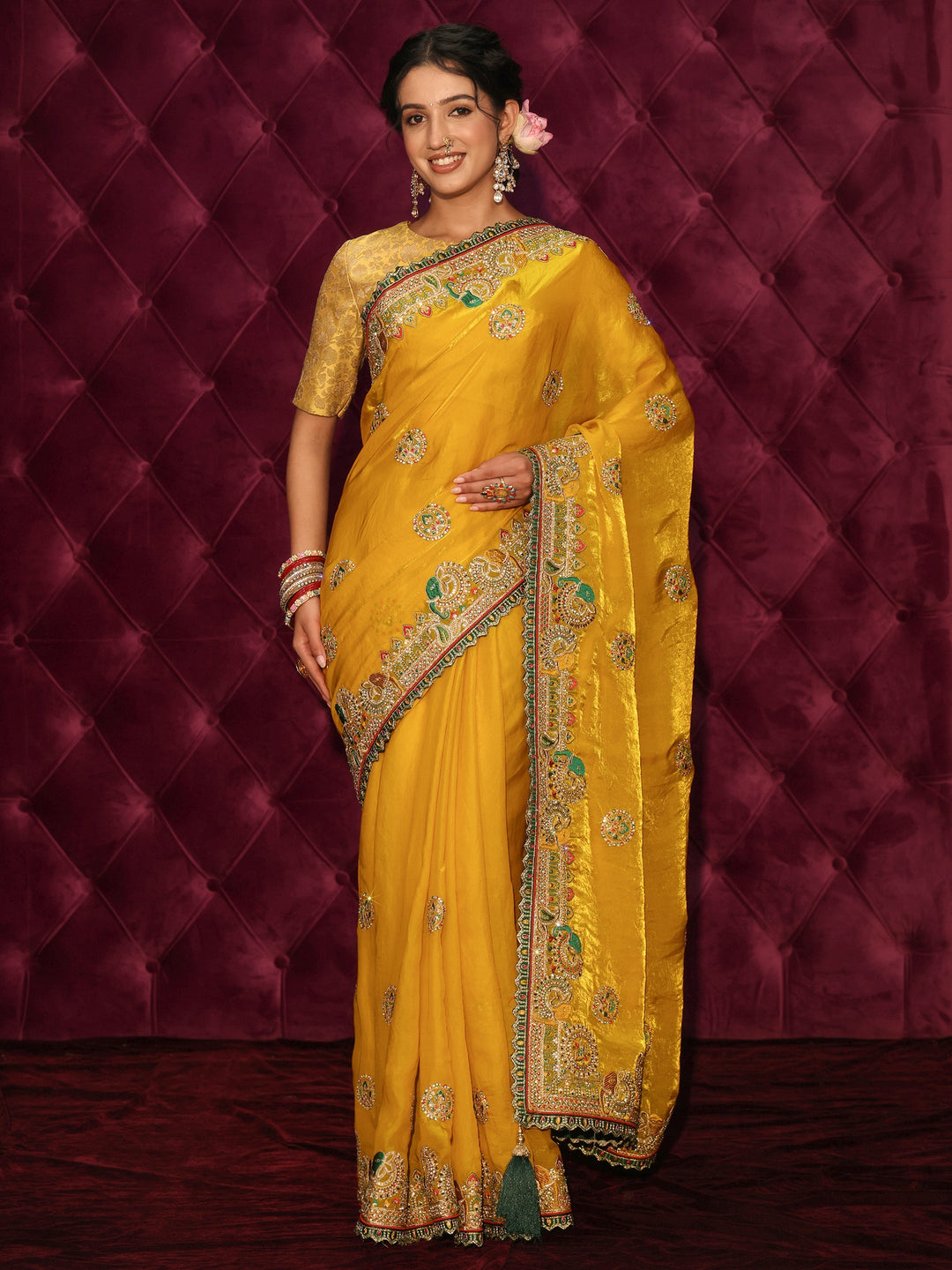  Libas Art Mustard Embroidered Tissue Saree with Stone Work 