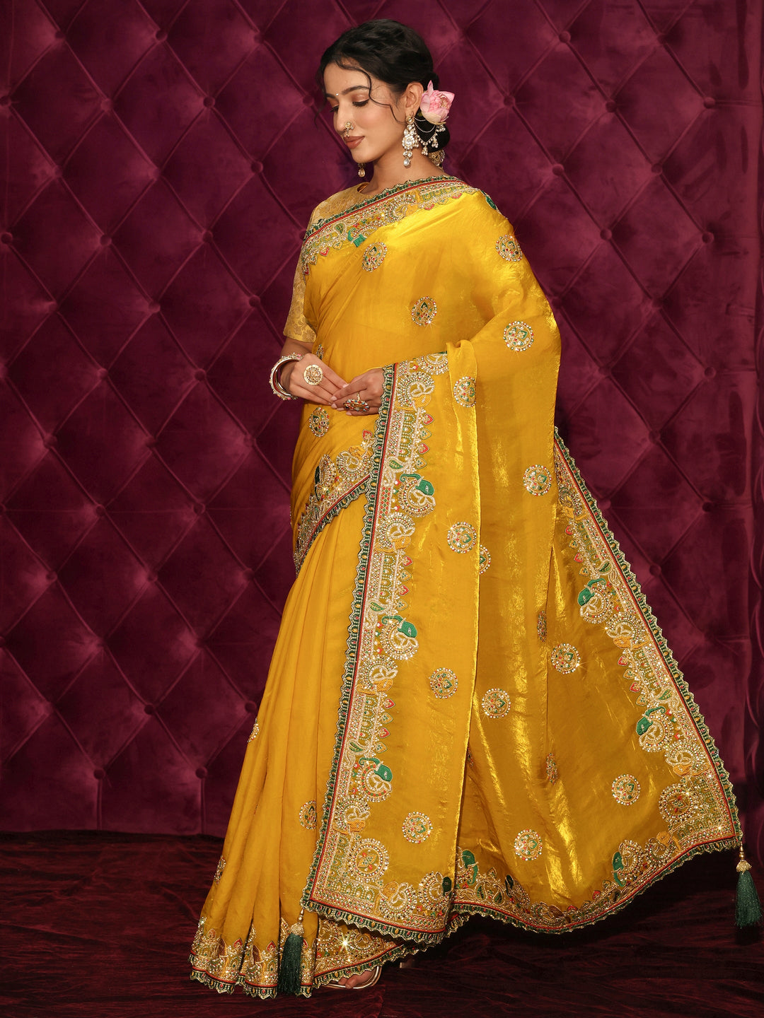  Libas Art Mustard Embroidered Tissue Saree with Stone Work 