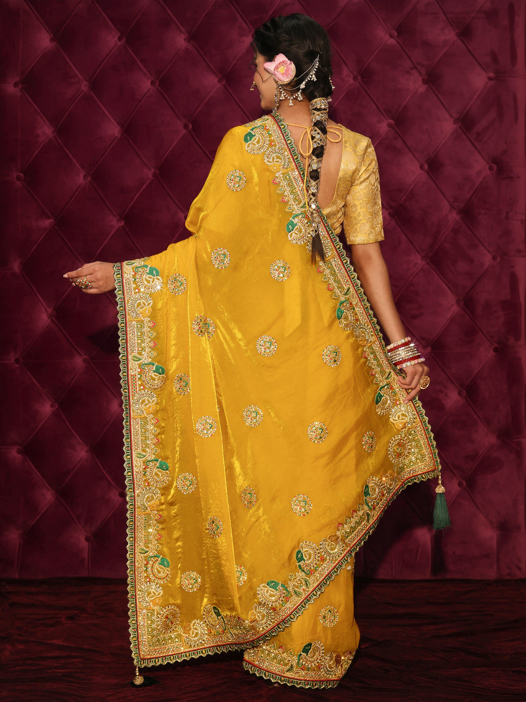  Libas Art Mustard Embroidered Tissue Saree with Stone Work 