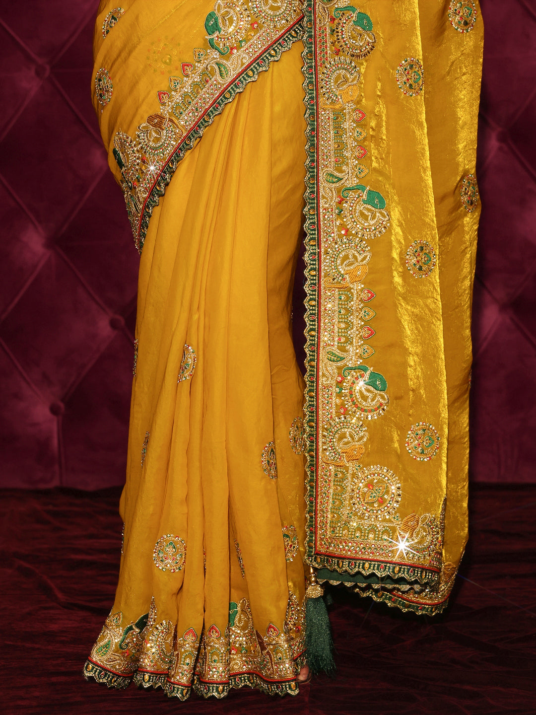  Libas Art Mustard Embroidered Tissue Saree with Stone Work 