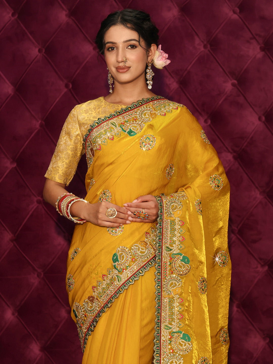  Libas Art Mustard Embroidered Tissue Saree with Stone Work 