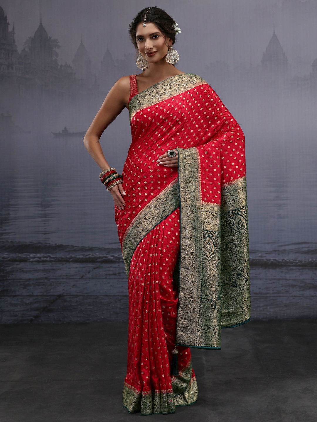  Libas Red and Green Banarasi Silk Blend Saree 
