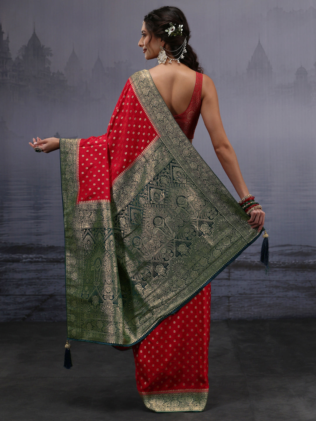  Libas Red and Green Banarasi Silk Blend Saree 