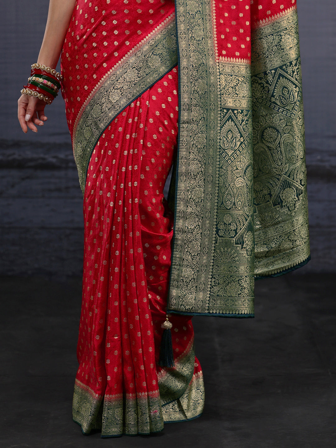  Libas Red and Green Banarasi Silk Blend Saree 