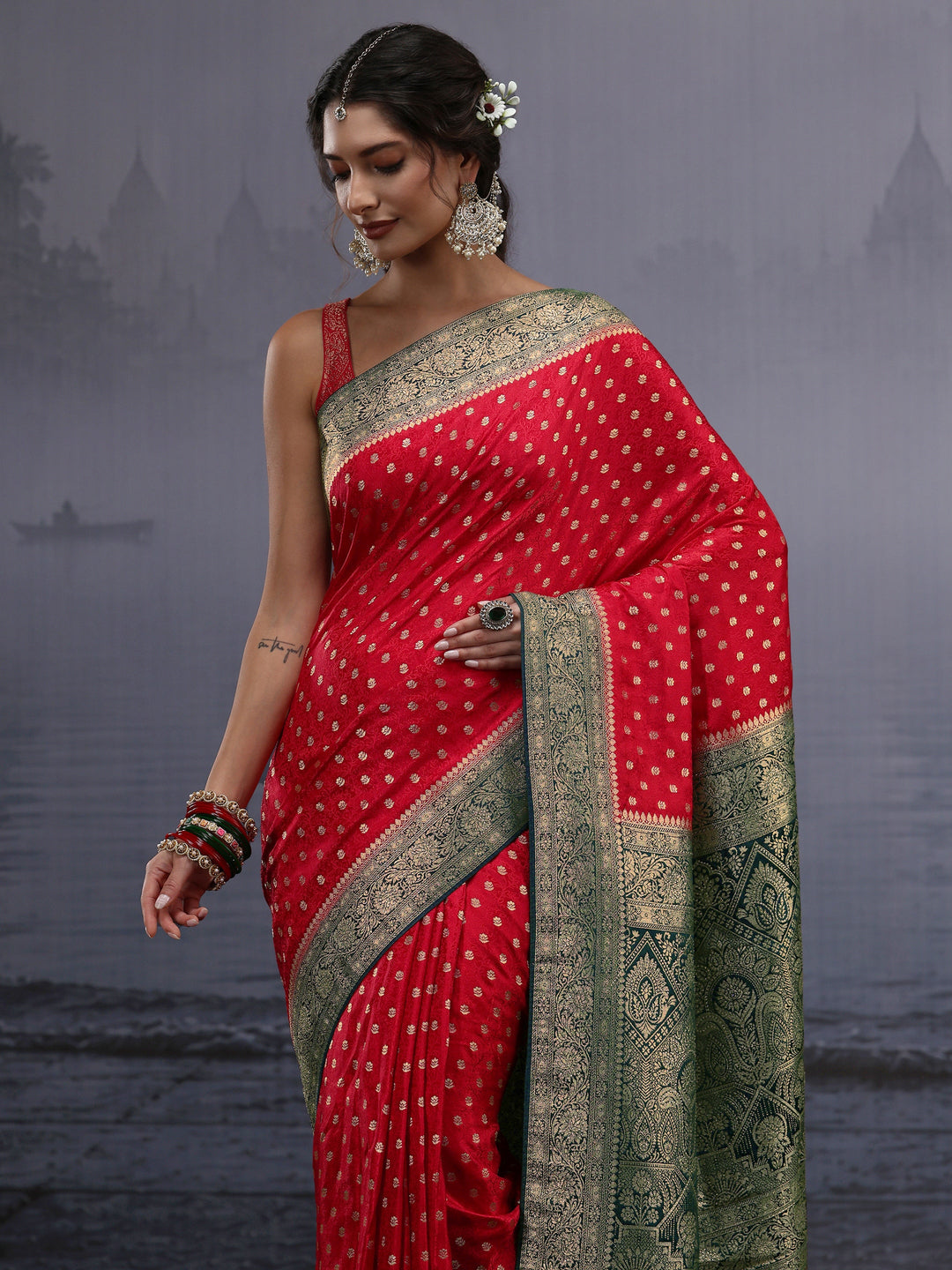  Libas Red and Green Banarasi Silk Blend Saree 