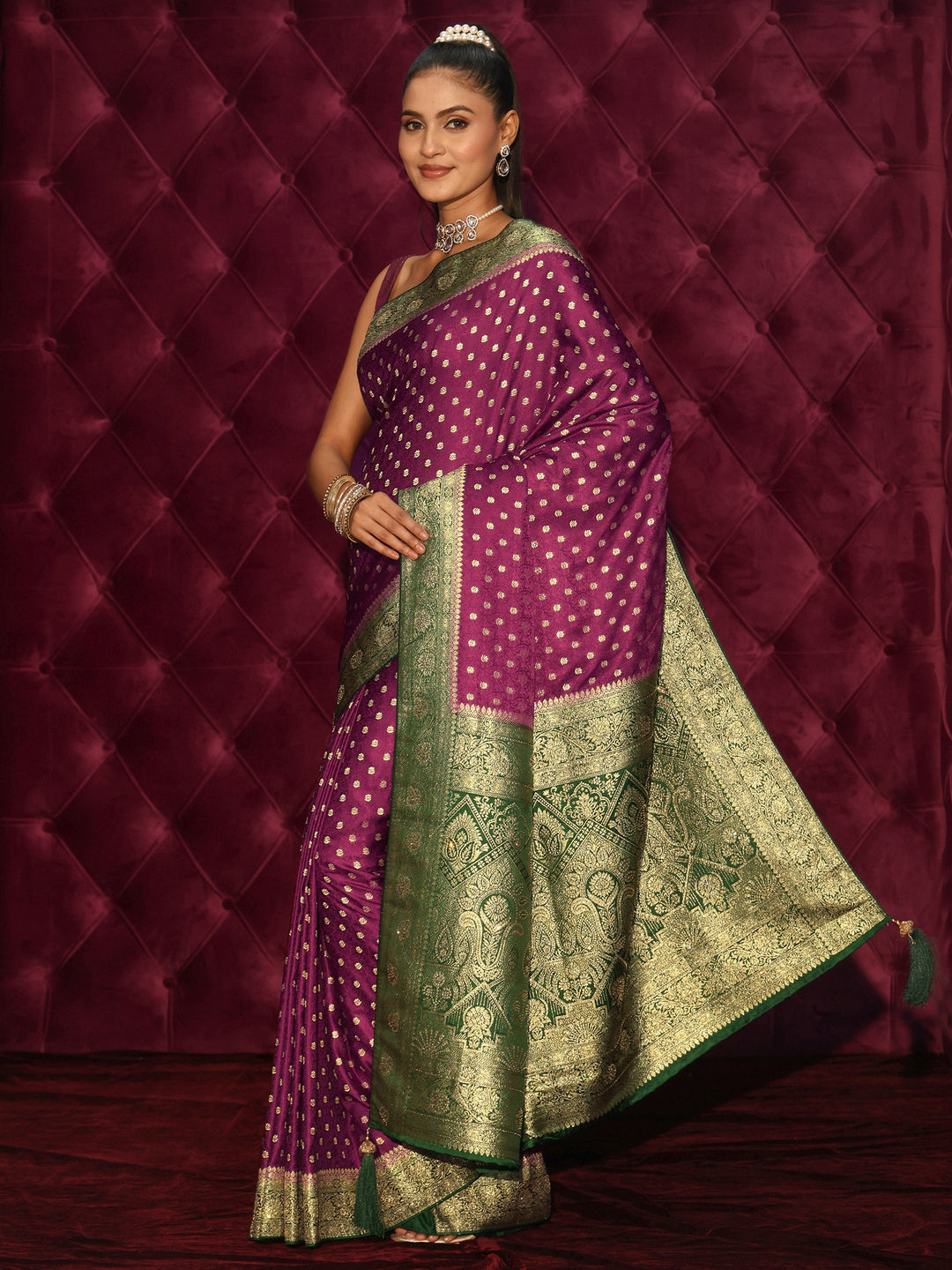  Libas Burgundy and Green Banarasi Silk Blend Saree 