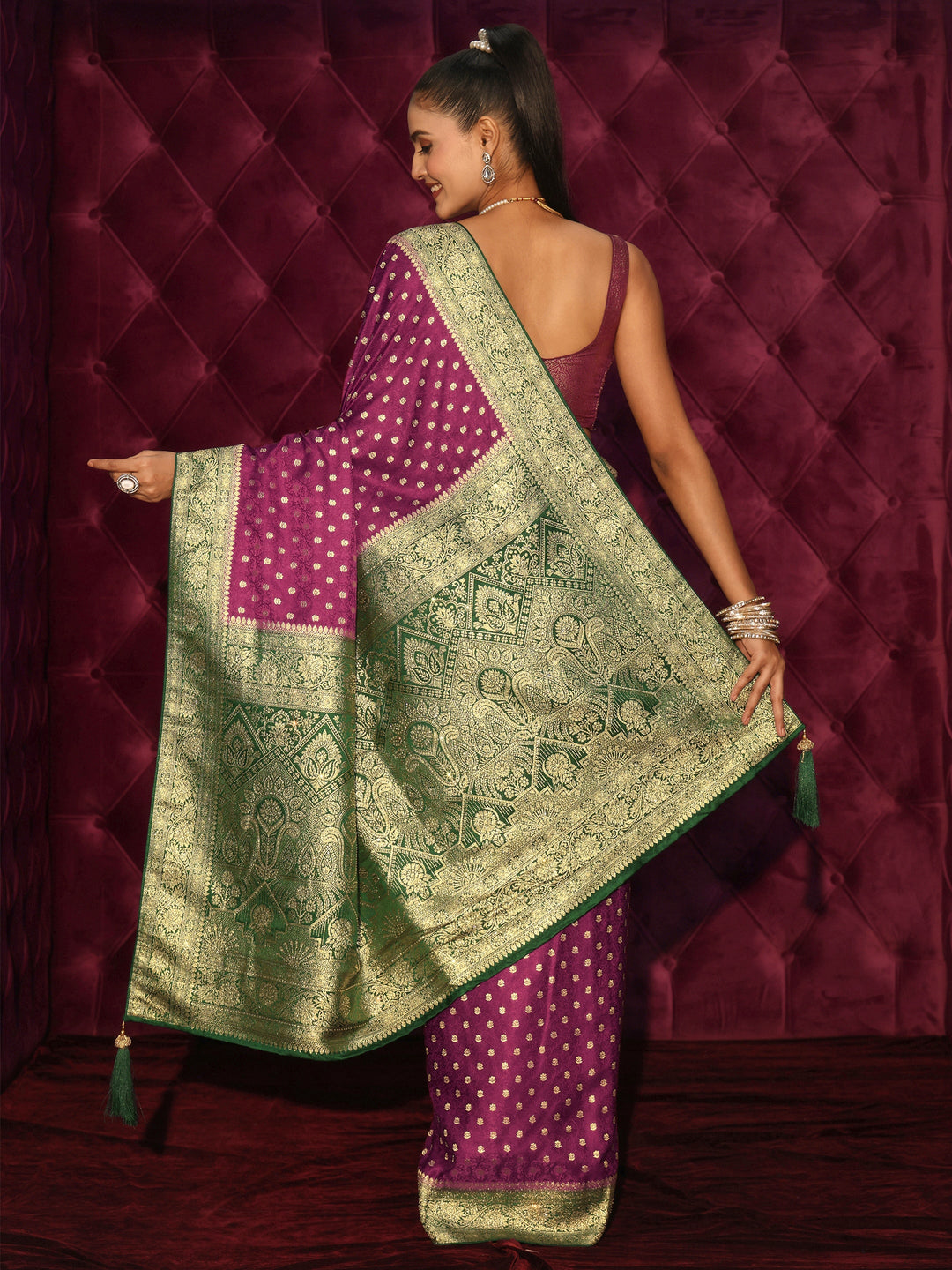  Libas Burgundy and Green Banarasi Silk Blend Saree 