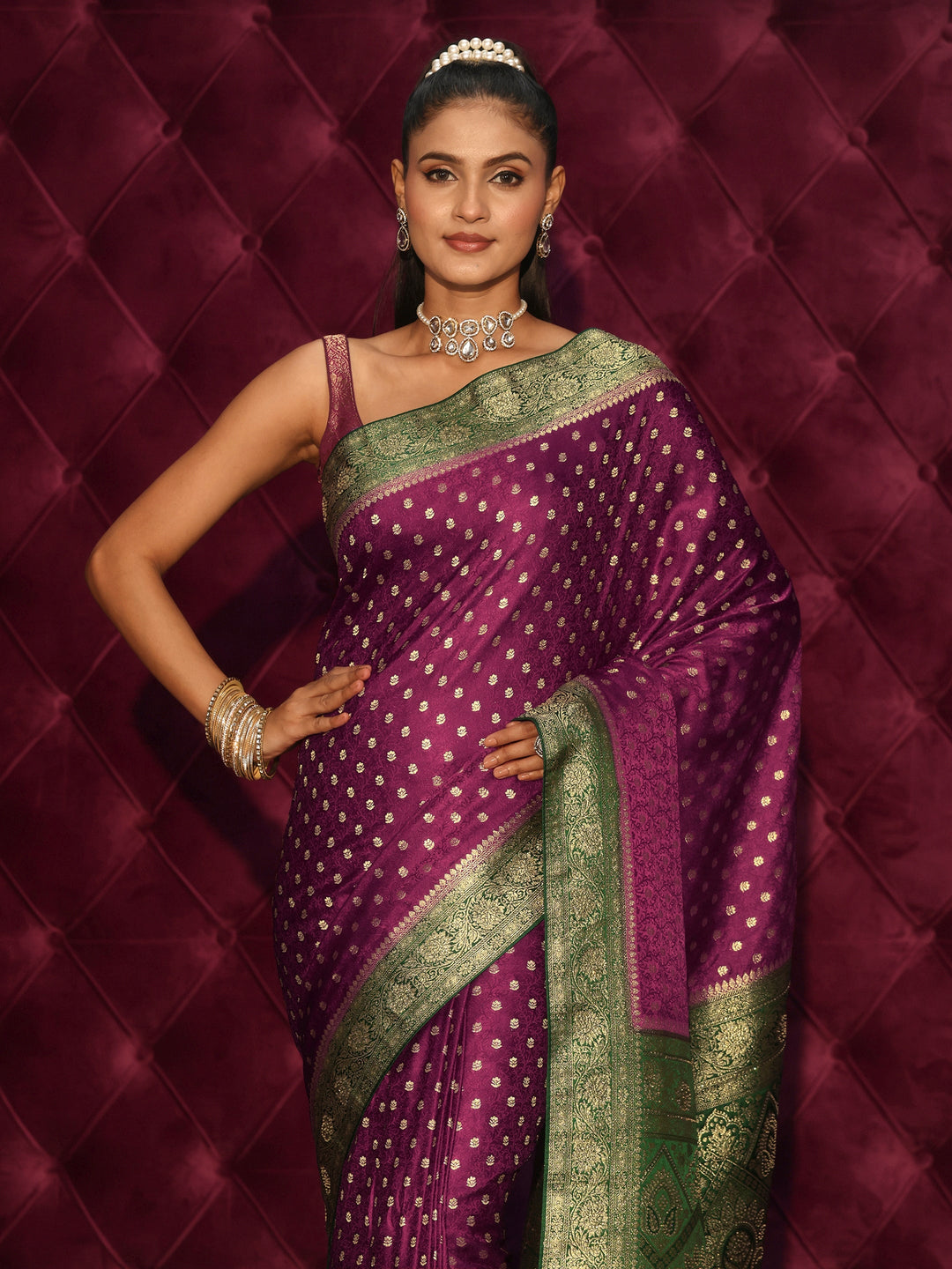  Libas Burgundy and Green Banarasi Silk Blend Saree 