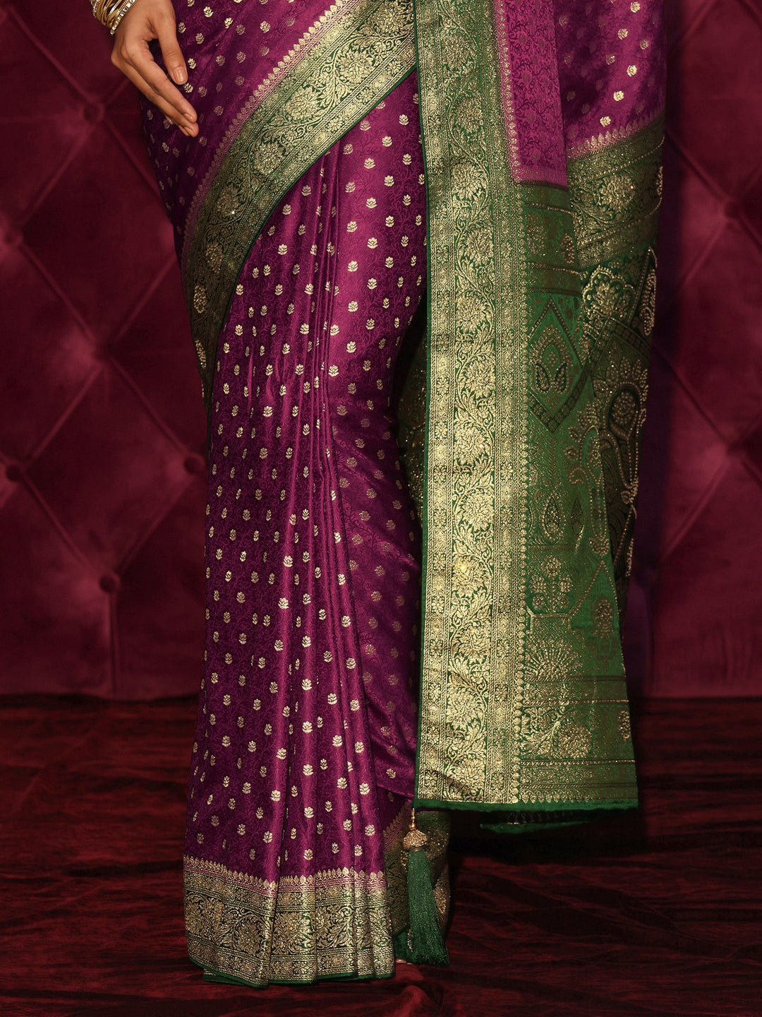  Libas Burgundy and Green Banarasi Silk Blend Saree 