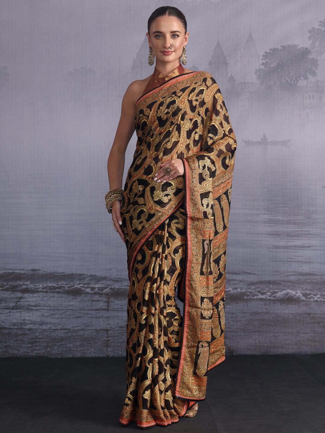  Libas Black Paisley Printed Georgette Saree 